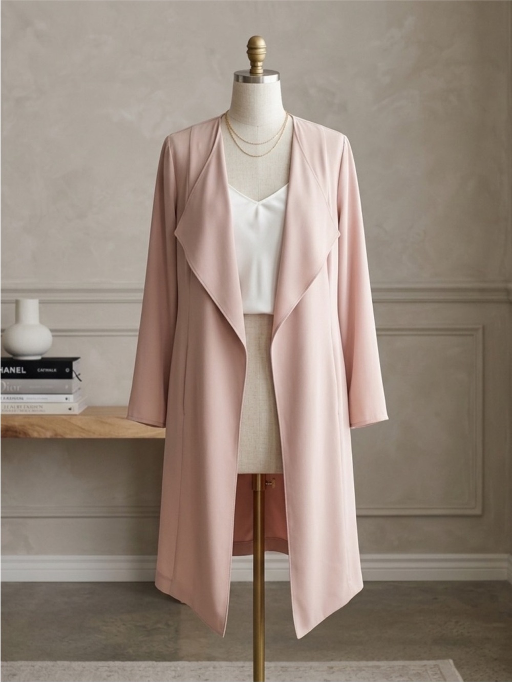 Blush Pink Nine West XL Long Duster Jacket Open Front Draped Crepe